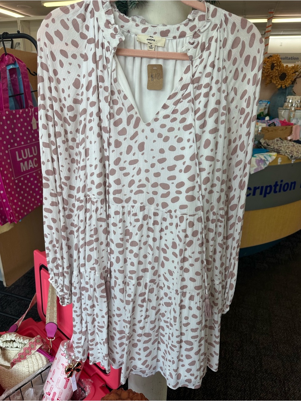 Entro White and Mauve Dot Tiered Dress